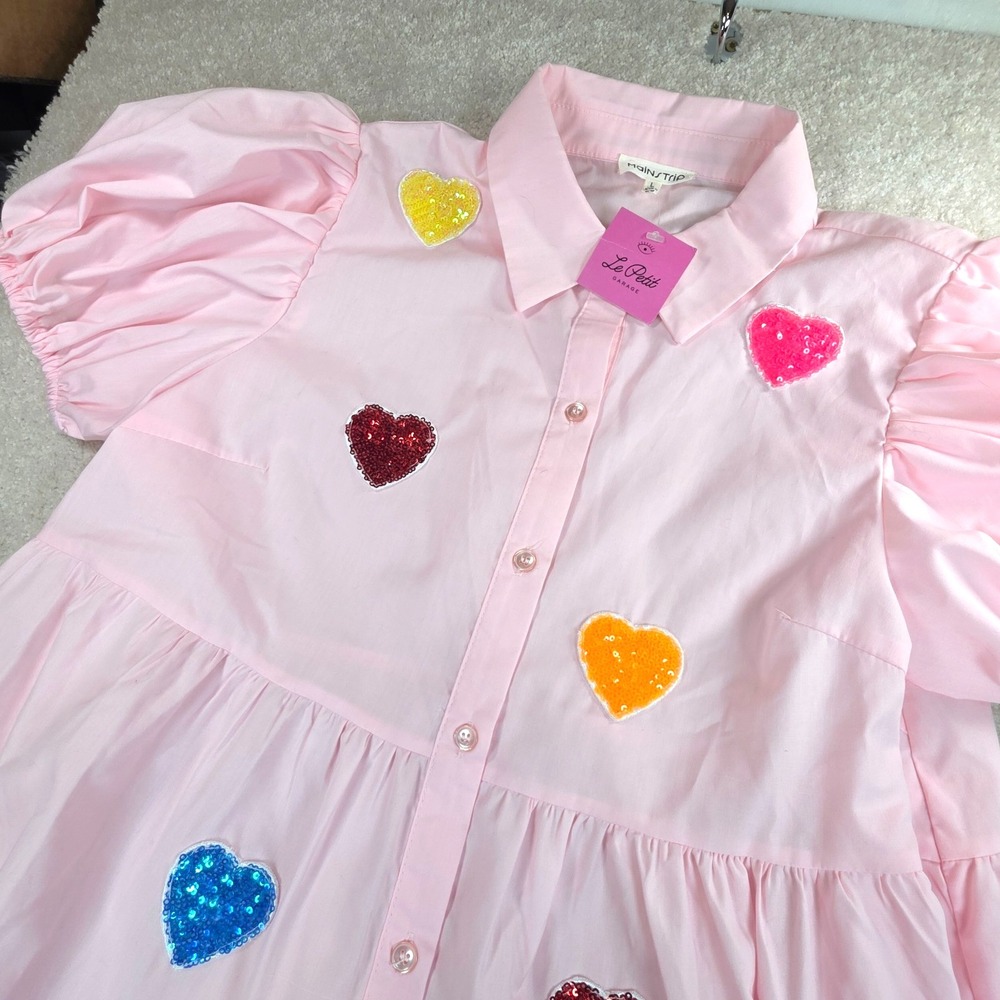 Mainstrip Dress Womens‎ L Pink Sequin Heart Button Front Puff Sleeve Tiered NWT